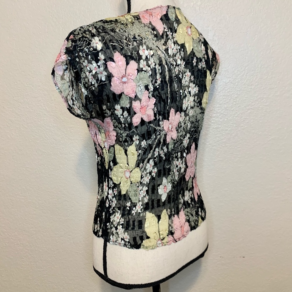Alberto Makali Floral Semi-Sheer Top Short Sleeves Sequins Details Black Medium - Picture 6 of 14